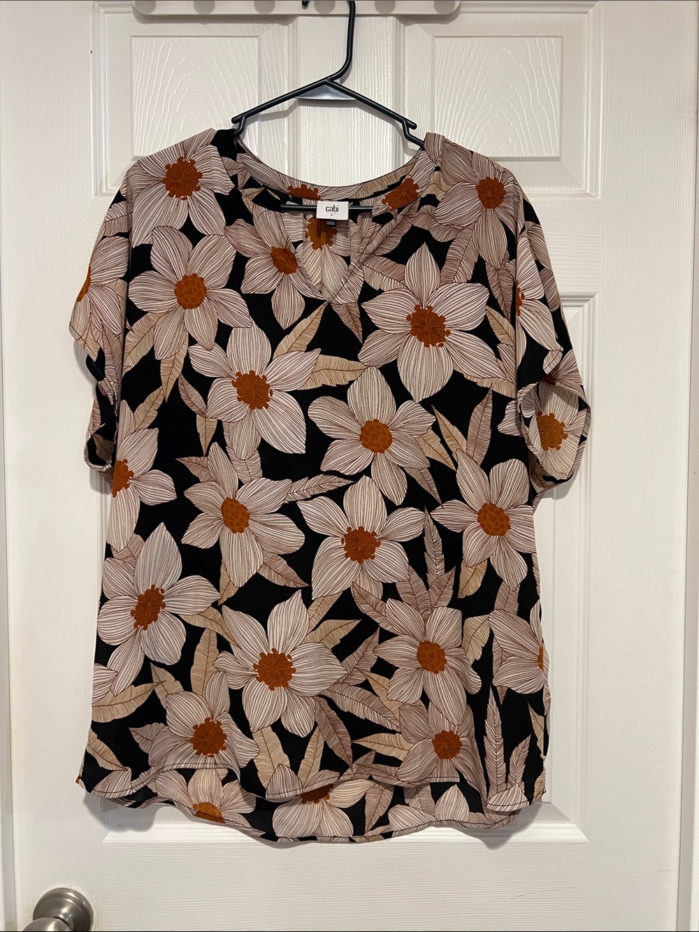 CAbi Black Floral Short-Sleeve Top with Cream Petals and Brown Centers